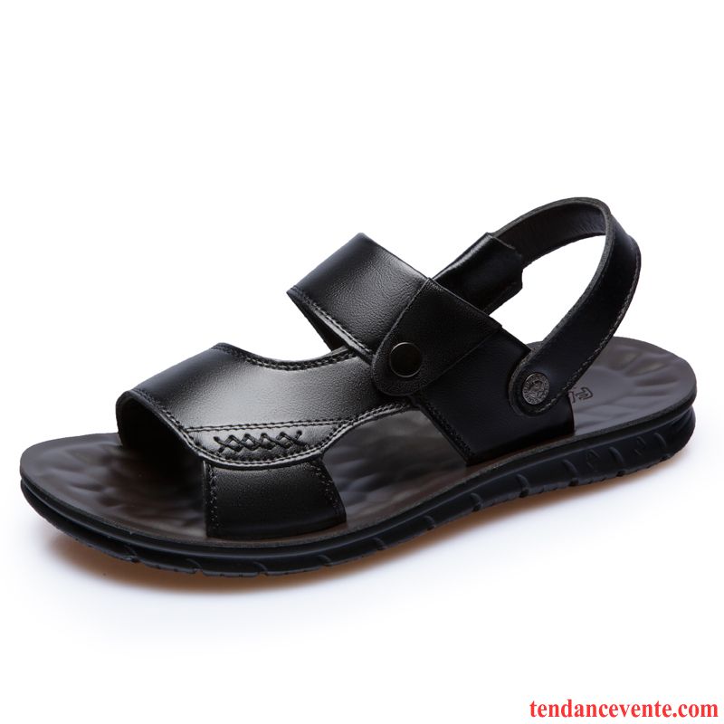 Sandales Homme Cuir Véritable Semelle Doux Été Chaussons Plage Décontractée Noir