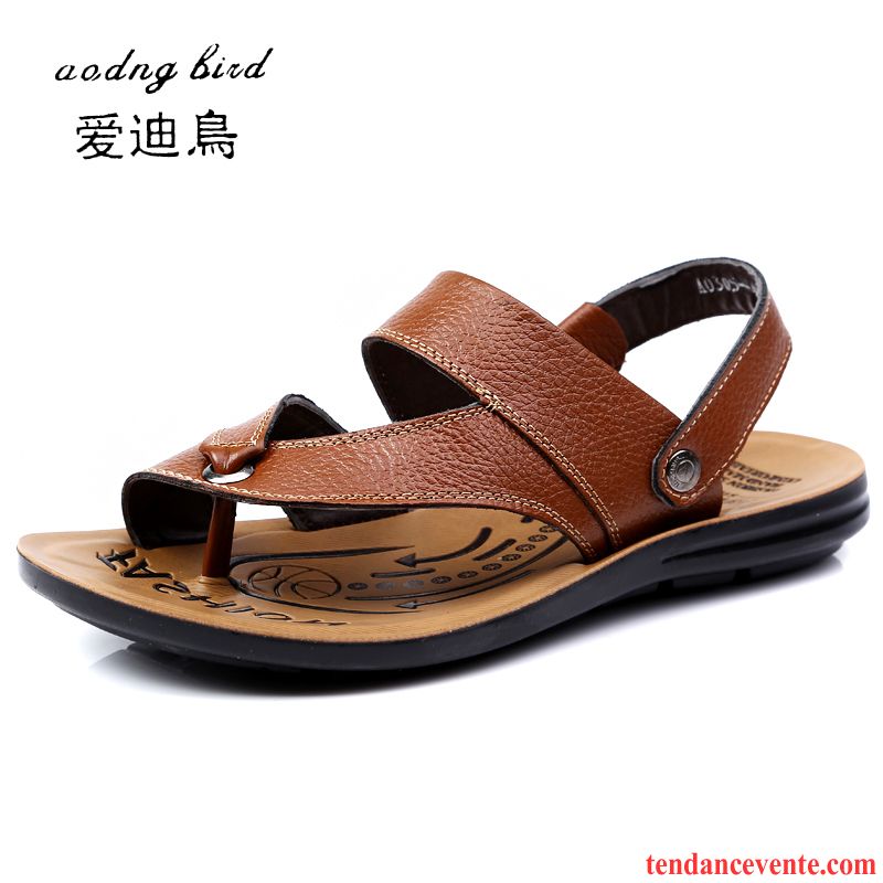 Sandales Homme En Cuir Cuir Véritable Tendance Homme Été Plage Chaussons Pas Cher