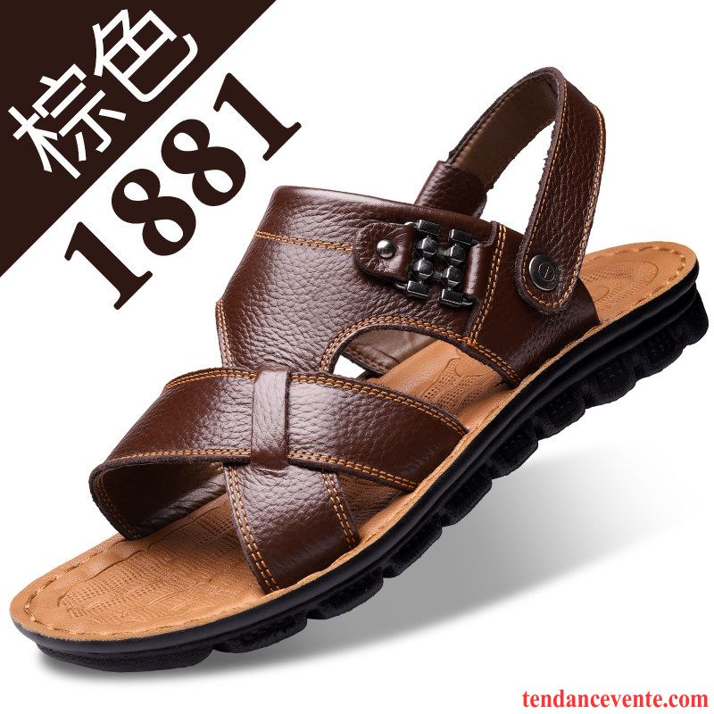 Sandales Homme En Cuir Plage Tendance Été Cuir Véritable Taillissime Marron