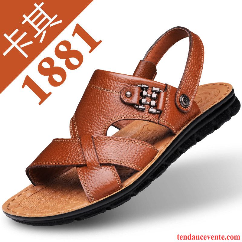 Sandales Homme En Cuir Plage Tendance Été Cuir Véritable Taillissime Marron