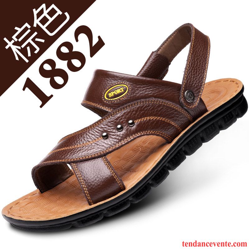 Sandales Homme En Cuir Plage Tendance Été Cuir Véritable Taillissime Marron