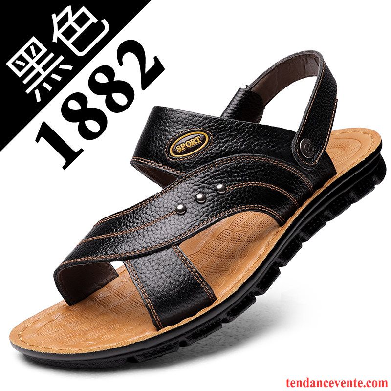 Sandales Homme En Cuir Plage Tendance Été Cuir Véritable Taillissime Marron