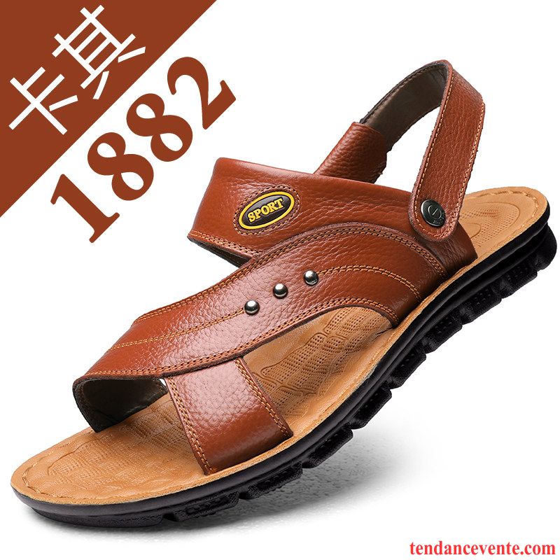 Sandales Homme En Cuir Plage Tendance Été Cuir Véritable Taillissime Marron