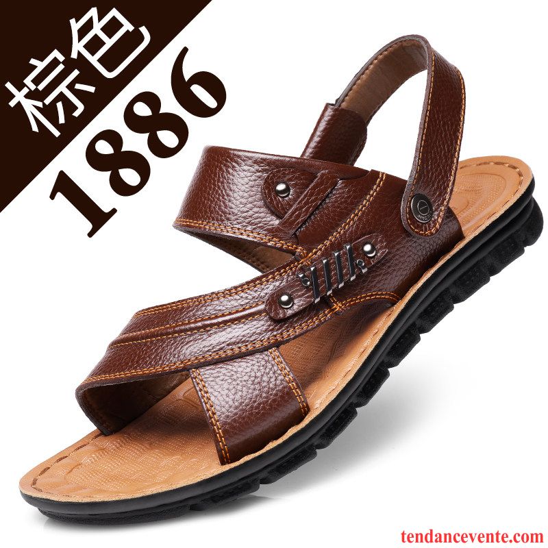 Sandales Homme En Cuir Plage Tendance Été Cuir Véritable Taillissime Marron