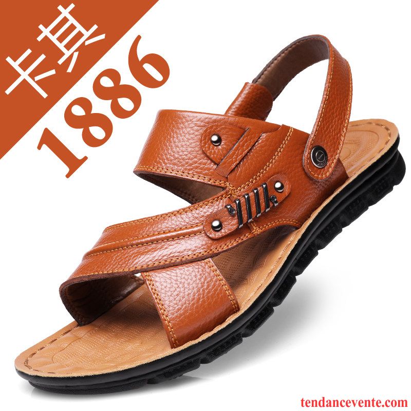 Sandales Homme En Cuir Plage Tendance Été Cuir Véritable Taillissime Marron