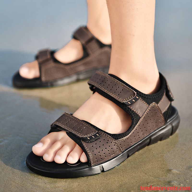 Sandales Homme Plage Cuir Véritable Gros Décontractée Tendance Taillissime Noir