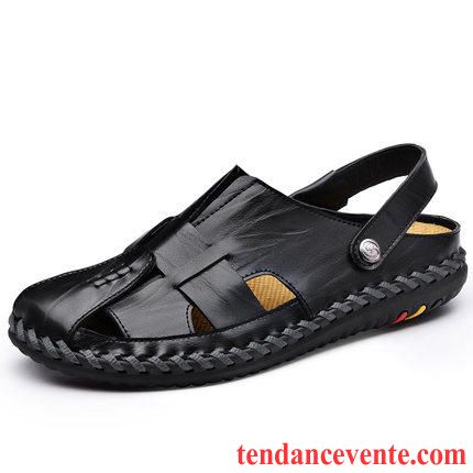 Sandales Homme Plage Décontractée Chaussons Cuir Véritable Été Semelle Doux Noir