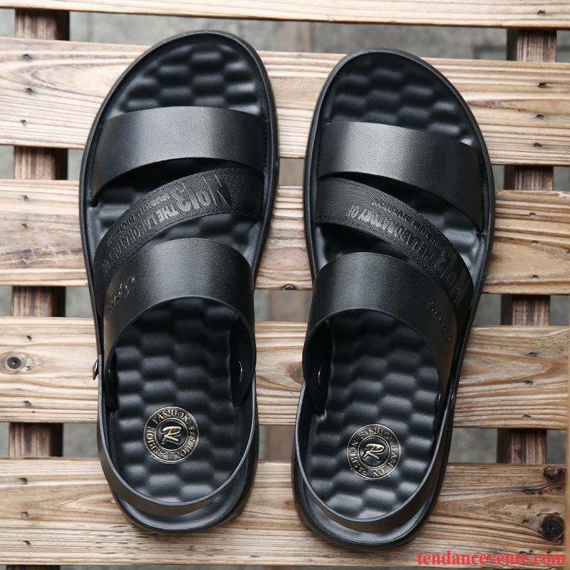 Sandales Homme Plage Décontractée Cuir Véritable Été Noir Brun