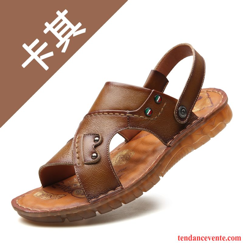 Sandales Homme Tendance Plage Mode Chaussons Cuir Véritable Été Marron