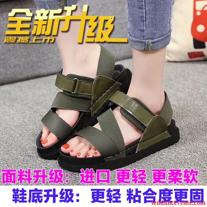 Sandales New Style Vente Plates Femme Étudiant Mince Creux Guipure Tous Les Assortis Décontractée Été Semelle Doux Velcro Pas Cher