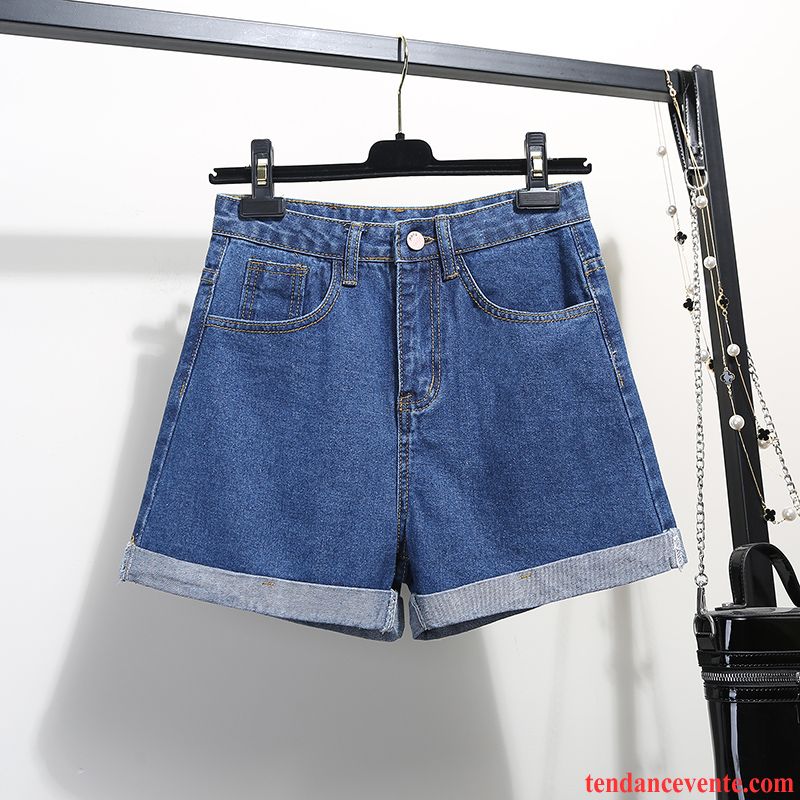 Shorts Femme Baggy Été Shorti Forme Haute Cintrée Étudiant A Lettre Bleu Marin Blanc