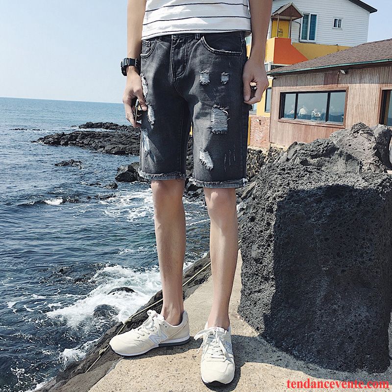 Shorts Homme Des Trous Dans Les Jeans Tendance Baggy Shorti Été Légère Blanc Noir