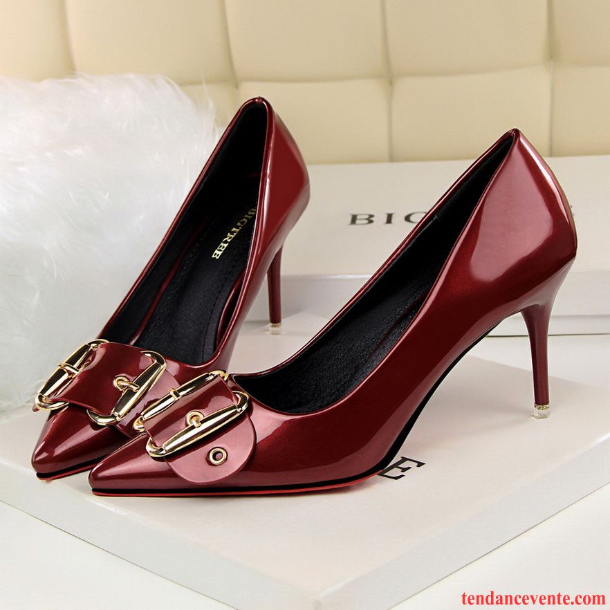 Site De Vente De Escarpins Rouge Talons Minces Cuir Verni Boucle Sexy Pointe Pointue En Cuir Hiver L'automne Derbies Chaussures De Mariage