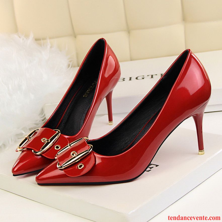 Site De Vente De Escarpins Rouge Talons Minces Cuir Verni Boucle Sexy Pointe Pointue En Cuir Hiver L'automne Derbies Chaussures De Mariage