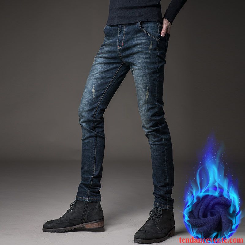 Slim Skinny Homme Jeans Jeunesse Pantalon Slim Homme Extensible L'automne Plus De Velours Hiver Jambe Droite