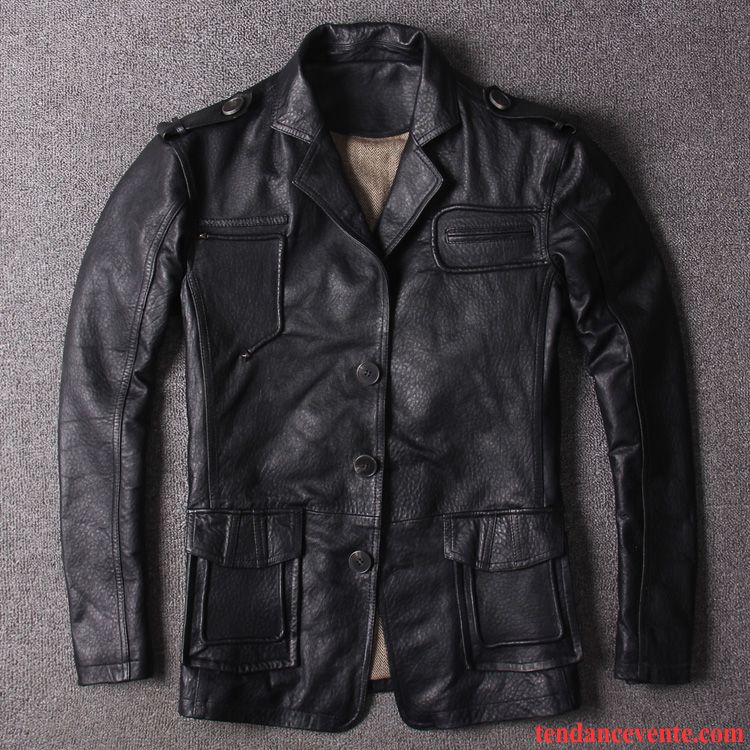 Solde Blouson Cuir Peau De Mouton Costume Gris Cuir Véritable Homme Rétro Pardessus Bleu Décontractée Longue Marron Pas Cher