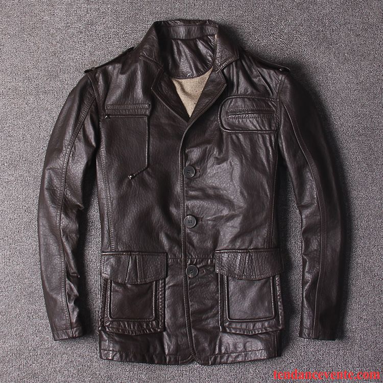 Solde Blouson Cuir Peau De Mouton Costume Gris Cuir Véritable Homme Rétro Pardessus Bleu Décontractée Longue Marron Pas Cher