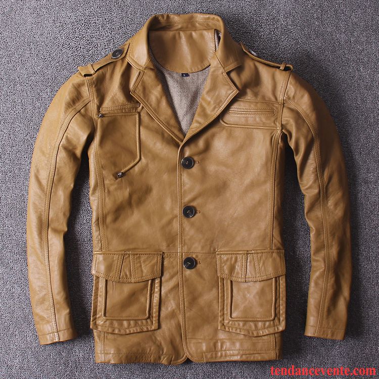 Solde Blouson Cuir Peau De Mouton Costume Gris Cuir Véritable Homme Rétro Pardessus Bleu Décontractée Longue Marron Pas Cher