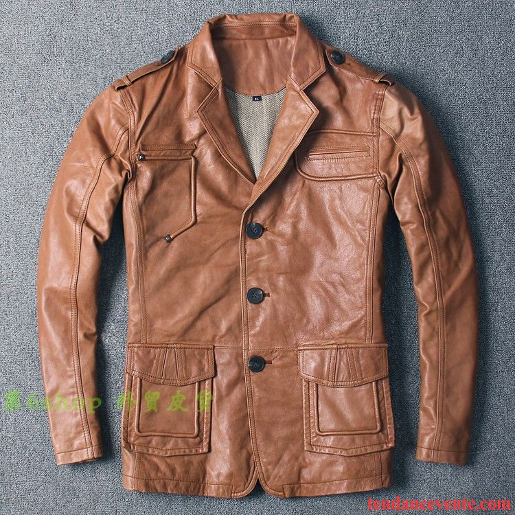 Solde Blouson Cuir Peau De Mouton Costume Gris Cuir Véritable Homme Rétro Pardessus Bleu Décontractée Longue Marron Pas Cher