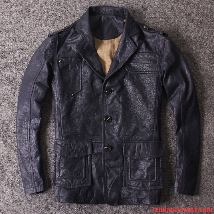 Solde Blouson Cuir Peau De Mouton Costume Gris Cuir Véritable Homme Rétro Pardessus Bleu Décontractée Longue Marron Pas Cher