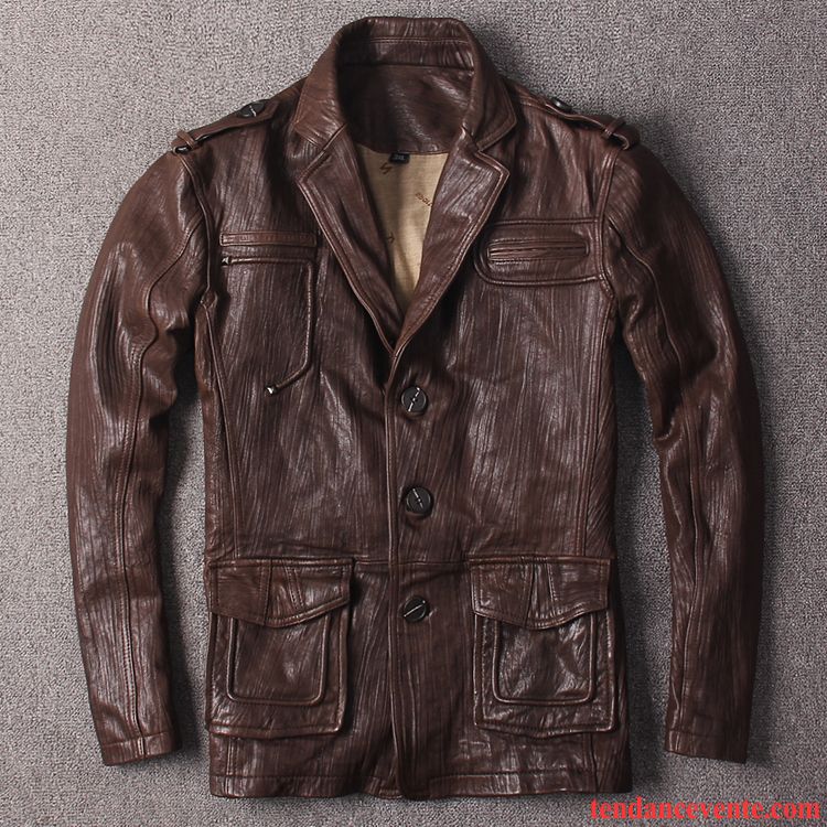 Solde Blouson Cuir Peau De Mouton Costume Gris Cuir Véritable Homme Rétro Pardessus Bleu Décontractée Longue Marron Pas Cher