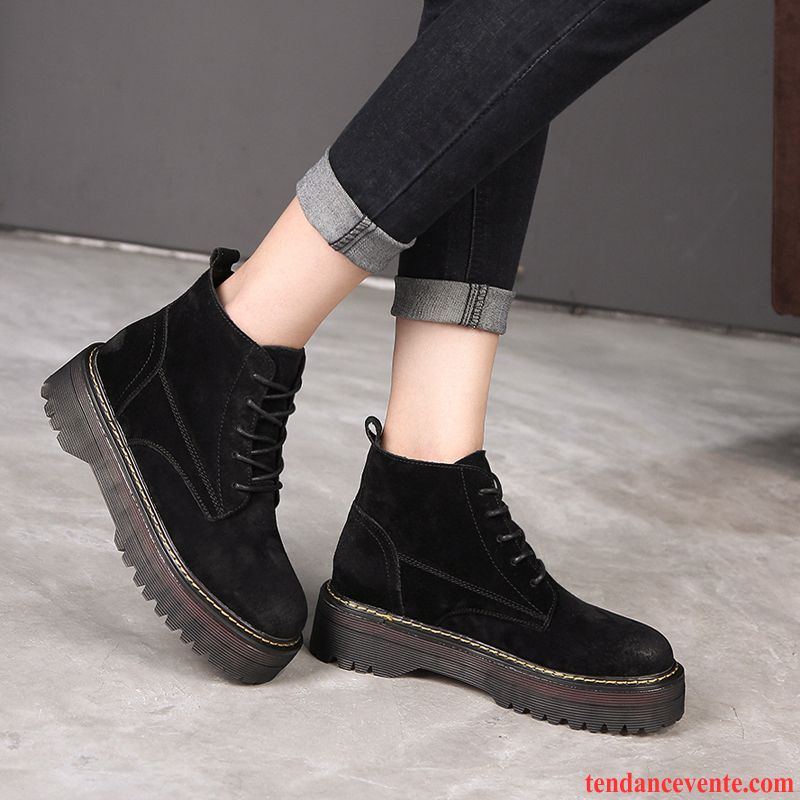 Soldes Bottes Cuir Semelle Épaisse Laçage Rétro Semelle Oxford L'automne Hiver Femme Augmenté Angleterre Cuir Véritable