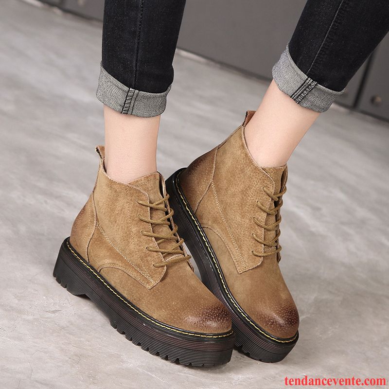 Soldes Bottes Cuir Semelle Épaisse Laçage Rétro Semelle Oxford L'automne Hiver Femme Augmenté Angleterre Cuir Véritable