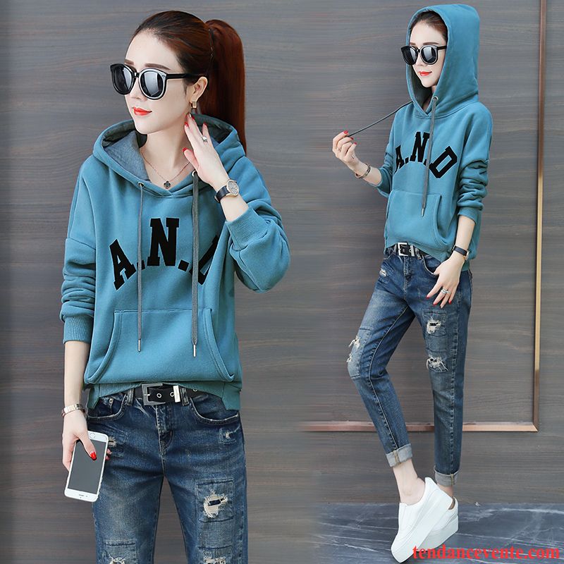 Sweat À Capuche Femme Baggy Pardessus Tous Les Assortis Plus De Velours Tendance Hoodies Bleu Clair