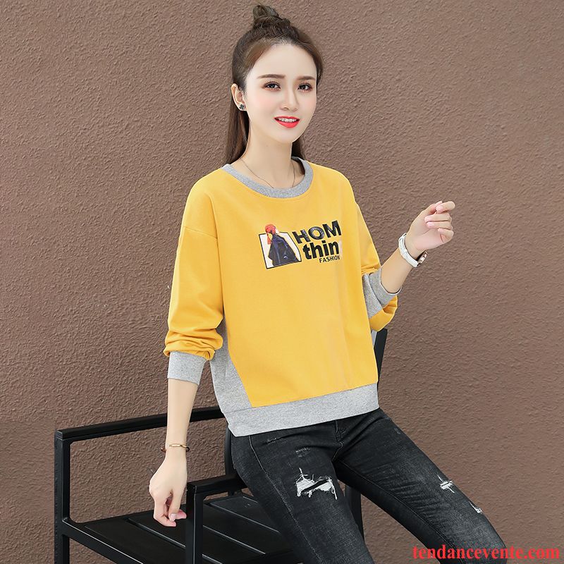 Sweat À Capuche Femme Baggy Tous Les Assortis Col Rond Décontractée Hoodies Printemps Couleur De Contraste Jaune