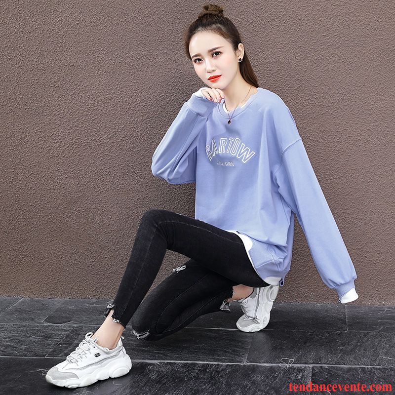 Sweat À Capuche Femme Deux-pièces Printemps Hoodies Col Rond Baggy Tendance Bleu