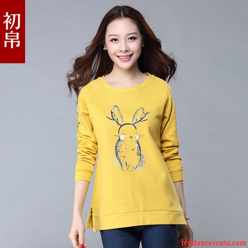 Sweat À Capuche Femme Graisse Col Rond Pardessus Mince Hoodies Tous Les Assortis Jaune