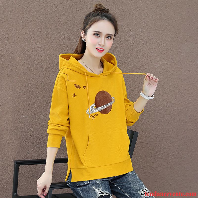 Sweat À Capuche Femme Longues Légère Printemps Baggy Hoodies Tendance Impression Jaune