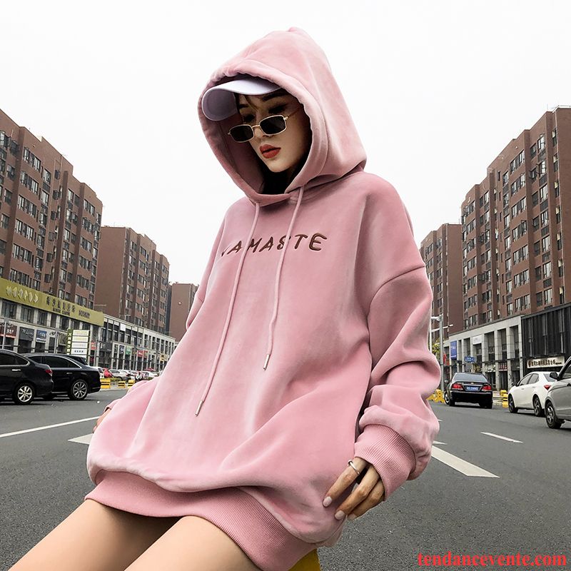 Sweat À Capuche Femme Plus De Velours Renforcé Longue Tendance L'automne Baggy Rose Or