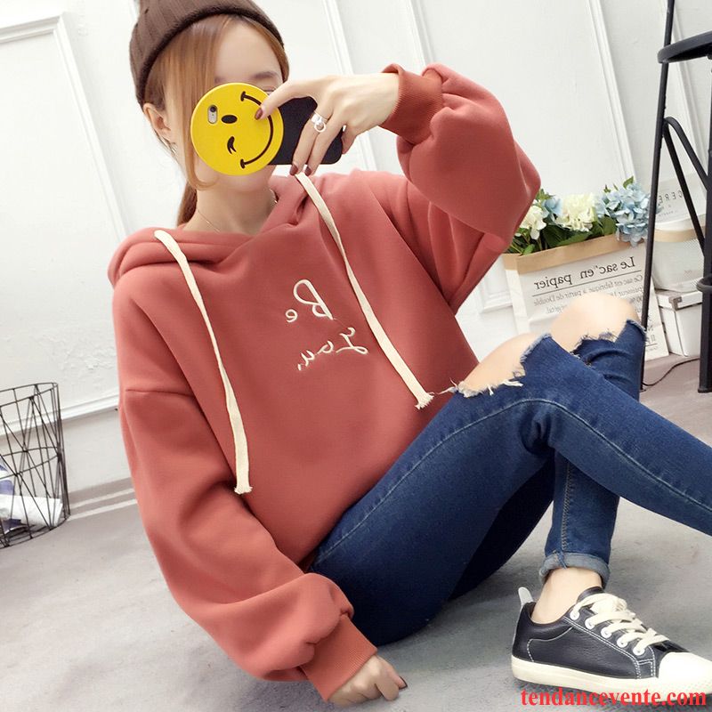 Sweat À Capuche Femme Étudiant Broderie Fille Plus De Velours Hoodies L'automne Rouge