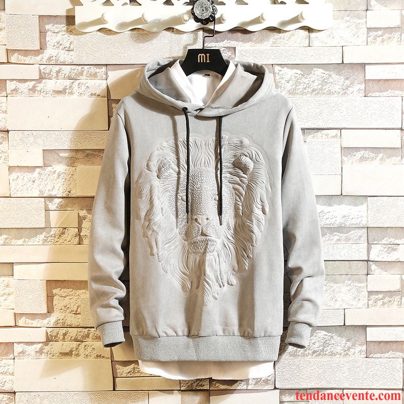 Sweat À Capuche Homme Hiver Tendance L'automne Plus De Velours Longues Slim Gris