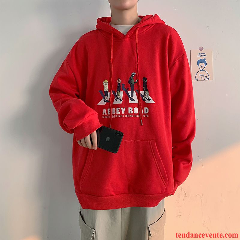 Sweat À Capuche Homme Hoodies Plus De Velours Baggy Tendance Renforcé Dessin Animé Impression Rouge