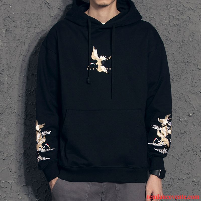 Sweat À Capuche Homme L'automne Style Chinois Tendance Broderie Hoodies Baggy Noir