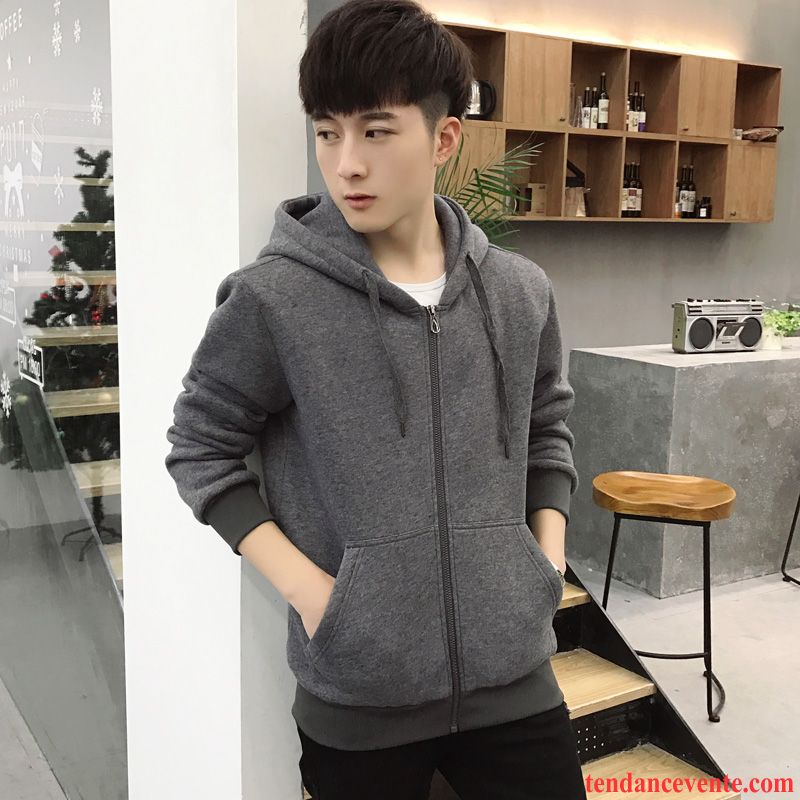 Sweatshirts Homme Soie Plus De Velours Beau Étudiant Rouge L'automne Pardessus Hiver Cardigan Homme Baggy Renforcé Tendance Hoodies Pure Capuche Argent