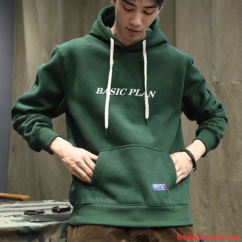 Sweatshirtstte Lin Pour Homme Chauds Vert Pullovers Tendance L'automne Hiver Rétro Une Veste Col Rond Homme Hoodies Renforcé Baggy Plus De Velours Pierre Pas Cher