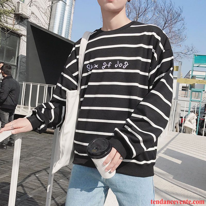 T Shirt Pour Homme Printemps Étudiant Fantaisie Hoodies Bleu L'automne Homme Une Veste Tendance Baggy Longues Rayé Chocolat