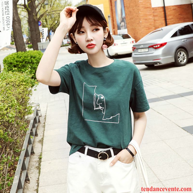 T-shirts Femme Baggy Dessin Animé Courte Été Col Rond Une Veste Impression Vert