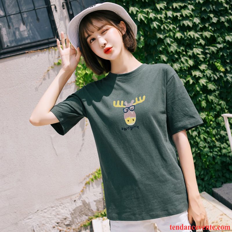 T-shirts Femme Coton Bio Courte Étudiant Été Demi Manche Une Veste Vert