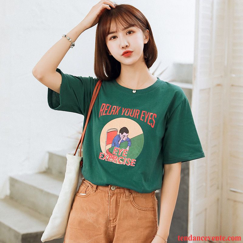 T-shirts Femme Coton Bio Courte Étudiant Été Demi Manche Une Veste Vert