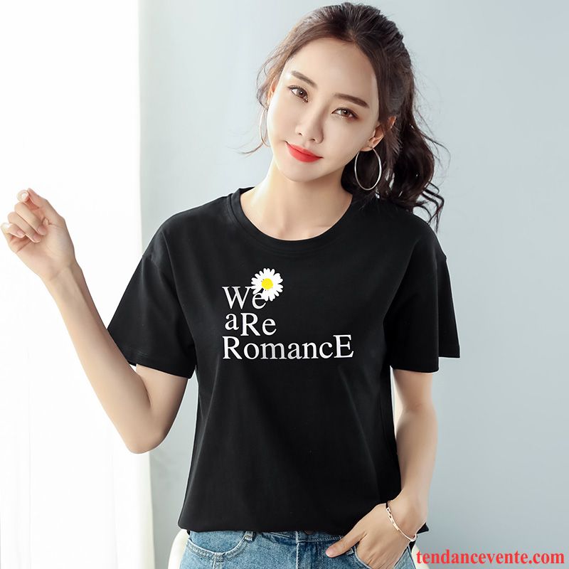 T-shirts Femme Courte Demi Manche Été Tendance Coton Bio Petite Marguerite Blanc