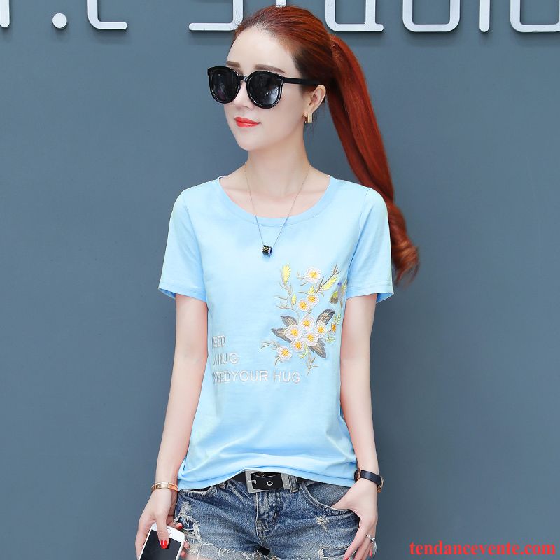 T-shirts Femme Courte Mince Slim Mode Coton Bio Chemise En Bas Bleu
