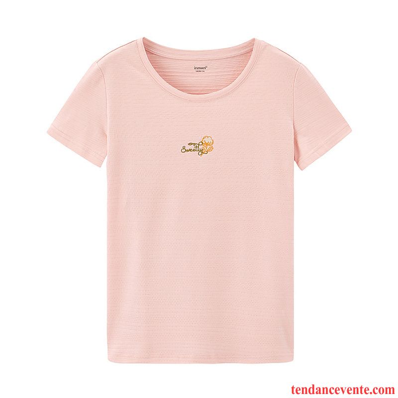 T-shirts Femme Frais Coton Bio Col Rond Courte Brodé Baggy Rose