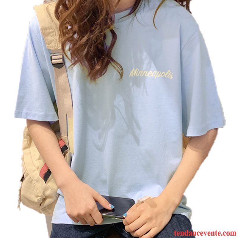 T-shirts Femme Longue Été Tendance Baggy Une Veste Courte Impression Bleu