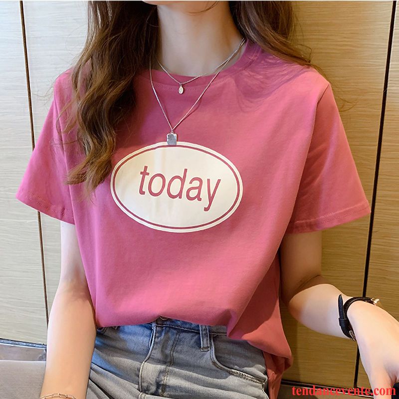 T-shirts Femme Printemps Une Veste Courte Col Rond Chemise En Bas Baggy Rose Impression