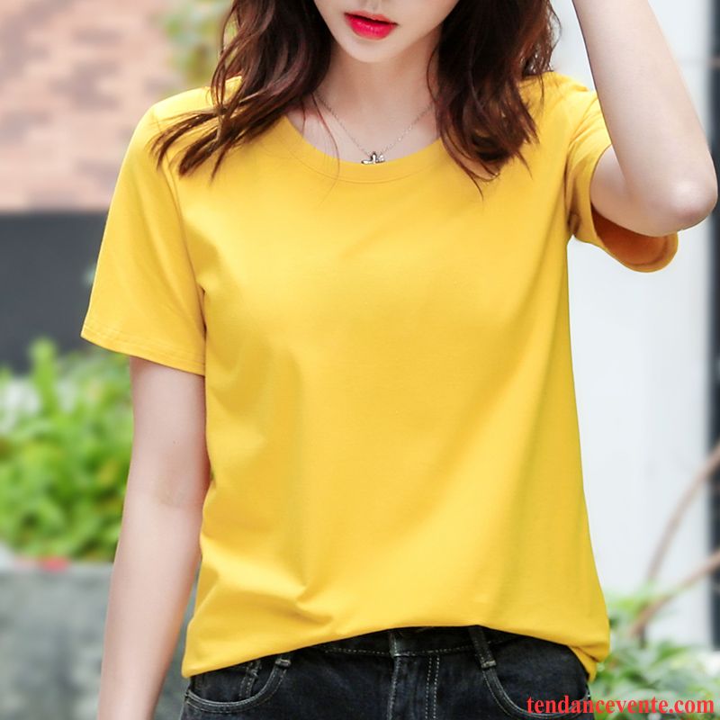 T-shirts Femme Tendance Courte Coton Bio Printemps Tous Les Assortis Baggy Impression Jaune