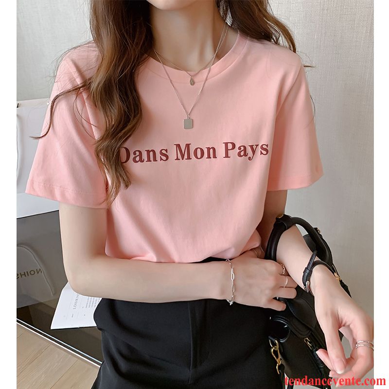 T-shirts Femme Tous Les Assortis Une Veste Courte Demi Manche Chemise En Bas Baggy Impression Rose